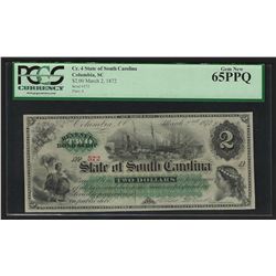March 2, 1872 $2 State of South Carolina Obsolete Bank Note PCGS Gem New 65PPQ