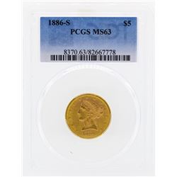 1886-S $5 Libertry Head Half Eagle Gold Coin PCGS MS63