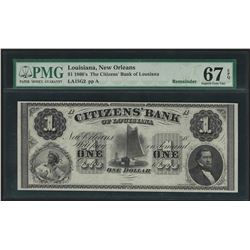 1860s The Citizens Bank of Louisiana Obsolete Bank Note PMG Superb Gem Unc 67EPQ