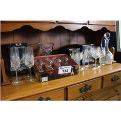 LOT OF PINWHEEL CRYSTAL WINE GLASSES, CHAMPAGNE GLASSES, VASE AND DECANTER