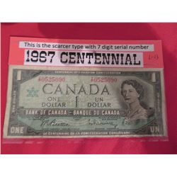 1967 $1.00 banknote centennial year 7 digit serial # fine