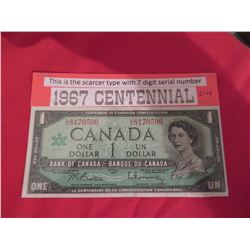 1967 $1.00 banknote centennial year 7 digit serial # fine xf