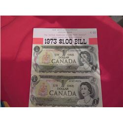2 - 1973 $1.00 banknotes – unc one is cut off centre 'unique collectable'