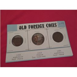 Old foreign – Australia 1916 & 1934 -1/2 pennies. France-1915,10 centimes