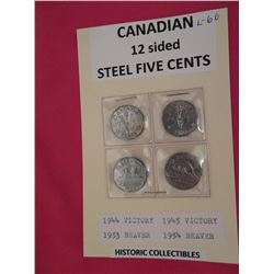 12 sided steel 5 cents -1944, 1945, 1953 and 1954