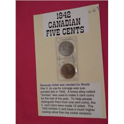 1942 5 cents regular nickel issue and much scarcer war time Tombac