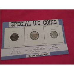 Special US coins 1912 Lincoln cent, Indian head-buffalo 5 cents and Emergency issue war time steel c