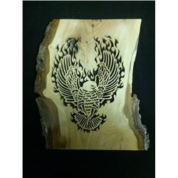 NATIVE WOOD CARVING FLAMING EAGLE ON AMERICAN WALNUT SIGNED