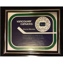AUTOGRAPHED VANCOUVER CANUCKS CHARTER MEMBER 1970-71 PREMIER SEASON FRAMED CERTIFICATE