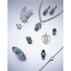 A SUITE OF SIMULATED TURQUOISE AND DIAMOND JEWELRY COMPRISING A NECKLACE SET THROUGHOUT