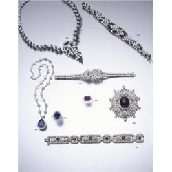 A SUITE OF SAPPHIRE AND DIAMOND JEWELRY COMPRISING A NECKLACE SET THROUGHOUT WITH GRADUATED BR