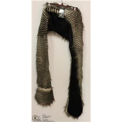 LONG BROWN ZEBRA FUZZY HAT WITH MITTS