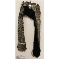 LONG BROWN ZEBRA FUZZY HAT WITH MITTS