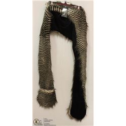 LONG BROWN ZEBRA FUZZY HAT WITH MITTS