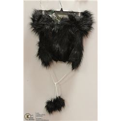 SHORT BLACK FUZZY HAT W/ POMPOM TIES