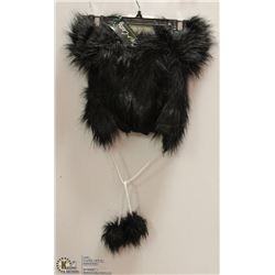 SHORT BLACK FUZZY HAT W/ POMPOM TIES