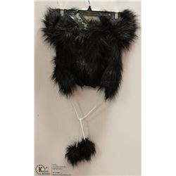 SHORT BLACK FUZZY HAT W/ POMPOM TIES