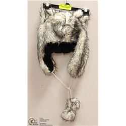 SHORT WHITE & BLACK TIPPED FUZZY HAT W/ POMPOMS