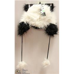 SHORT BLACK & WHITE FUZZY HAT W/ POMPOMS