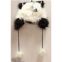 SHORT BLACK & WHITE FUZZY HAT W/ POMPOMS