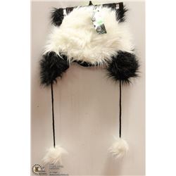 SHORT BLACK & WHITE FUZZY HAT W/ POMPOMS