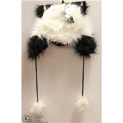 SHORT BLACK & WHITE FUZZY HAT W/ POMPOMS