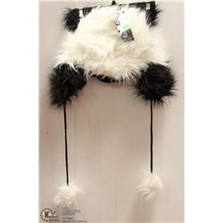 SHORT BLACK & WHITE FUZZY HAT W/ POMPOMS