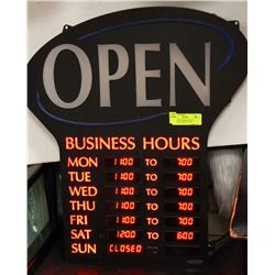 NEON OPEN BUSINESS SIGN W/HOURS & DAYS 23" X 20"
