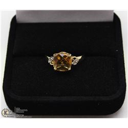 196) 10K YELLOW GOLD SQUARE CITRINE & DIAMOND