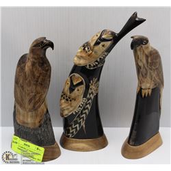 LOT OF 3 CARVED 12" EAGLE & OWL ORNAMENTS