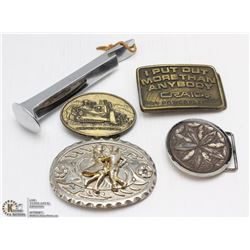 LOT OF 4 COLLECTOR BELT BUCKLES & RAILROAD SPIKE O