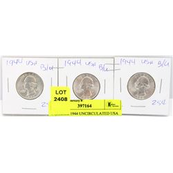 #4)THREE 1944 UNCIRCULATED USA  QUARTERS