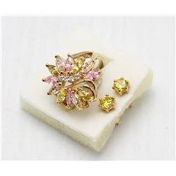 PINK YELLOW FLOWER RING SIZE 8.5, AND YELLOW STUD