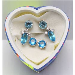 3 PAIRS OF BLUE AND SILVER EARRINGS