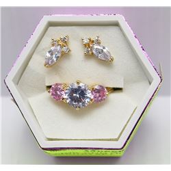PURPLE,PINK AND GOLD RING SIZE 6 WITH EARRING SET
