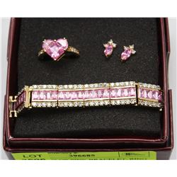 GOLD COLOR PINK BRACELET, RING SIZE 7.5, EARRING