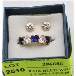 GOLD COLOR BLUE WHITE HEART RING SIZE 7 AND STUDS