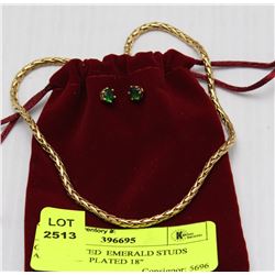GOLD PLATED  EMERALD STUDS AND GOLD  PLATED 18"