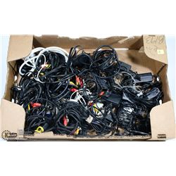 BOX OF ASSORTED CORDS, CHARGERS AND MORE