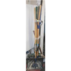 BUNDLE OF ASSORTED YARD TOOLS & SHOVELS