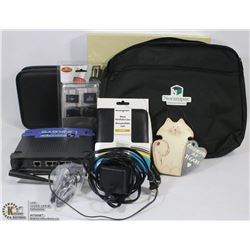 BOX OF MISC, WIFI ROUTER, CASES & MORE