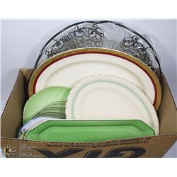 BOX OF OLD PLATTERS AND PLATES, SOME WITH SILVER