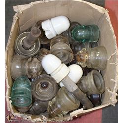BOX OF ASSORTED GLASS INSULATORS SOME MARKED CPR