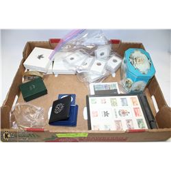 FLAT WITH VINTAGE TIN WITH STAMPS , 3 CONSTITUTION