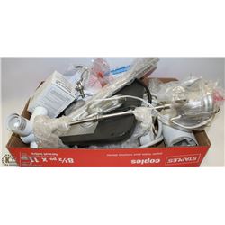BOX WITH LIGHT FIXTURES, POWER CORD, PUTTY AND