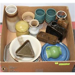 BOX FULL OF STONEWARE DÉCOR, PLATES,