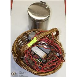 BASKET WITH NEW DVD'S, LINKSY, GARBAGE CAN,