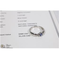 10K WHITE GOLD TANZANITE DIAMOND RING WITH COA SZ7
