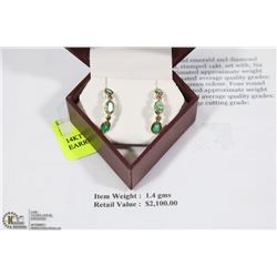 14KT GOLD EMERALD & DIAMOND EARRINGS W/ COA