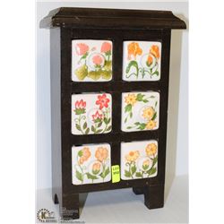 VINTAGE CABINET WITH 6 PORCELAIN BINS 6.5"X1'